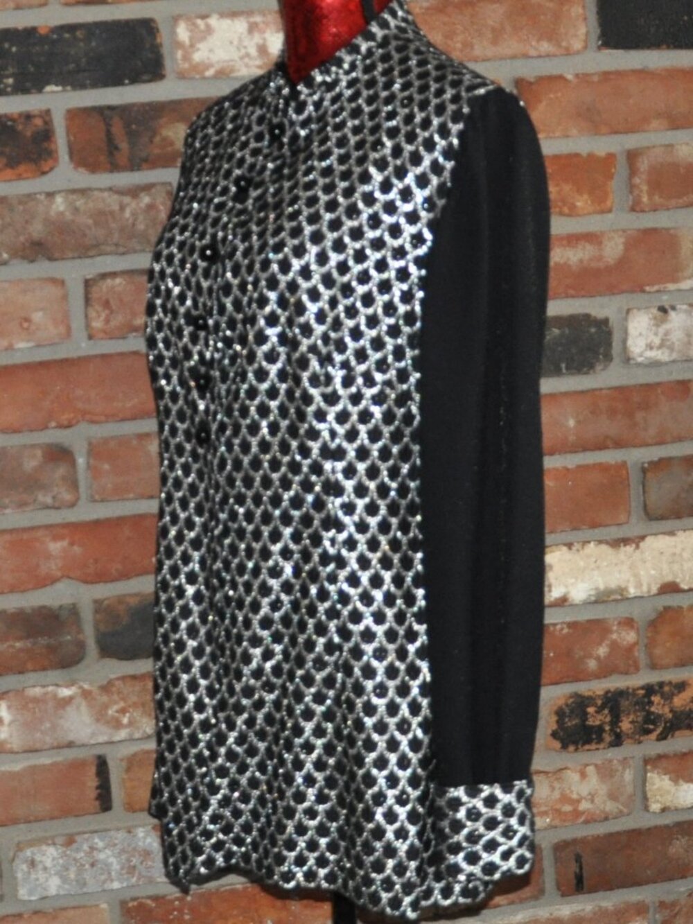 VINTAGE 70s Black & Silver Scalloped Print Mod GoGo Blazer Mini Dress M/L - Picture 5 of 5